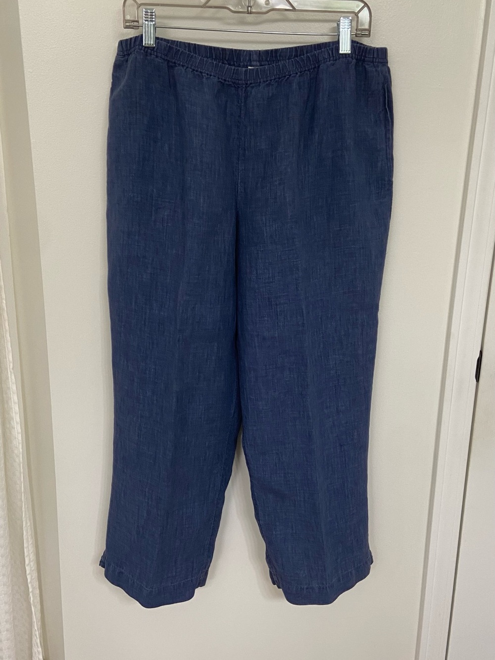 J Jill 100% Linen Pants Women Medium Indigo Blue Pull On Elastic Waist Coastal